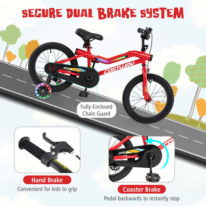 Costway 16\" Led Eclaire Velo Pour Enfants Avec Siege Reglable Coaster Frein Roues D'entrainement Rouge