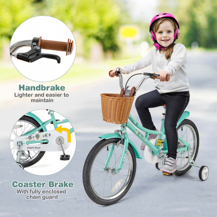 Costway 18\" Velo Pour Enfants Avec Guidon Reglable En Hauteur Siege Panier Cloche Roues D'entrainement Vert