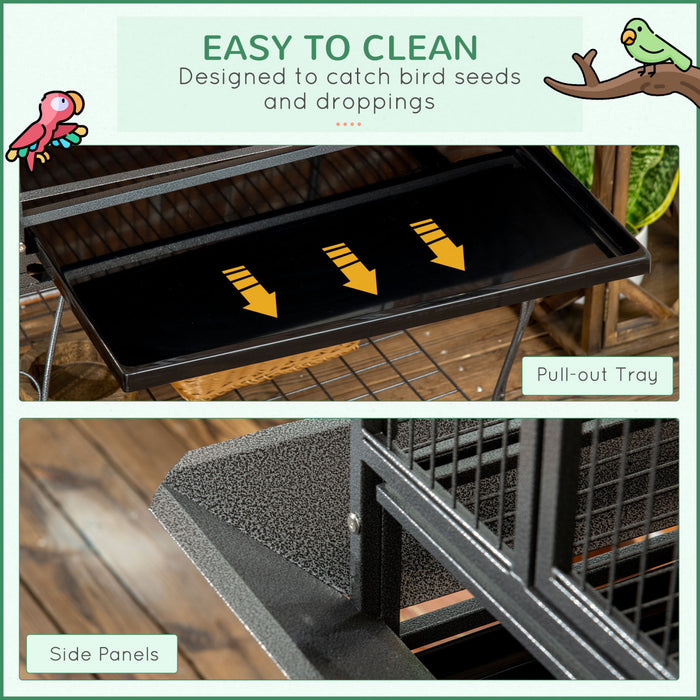 Pawhut 66\" Cage A Oiseaux Cage A Perroquets Pour Perruches Calopsittes Perruches Avec Dessus De Jeu, Support Roulant, Plateau Coulissant, Etagere De Rangement