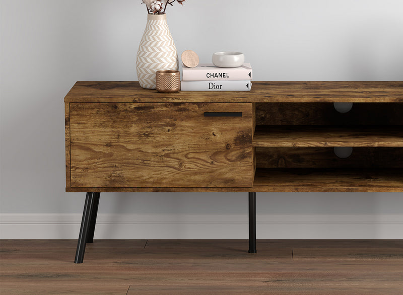 Meuble pour téléviseur durable de 71 po en bois avec 2 portes fermées et 2 tablettes - bois recyclé brun