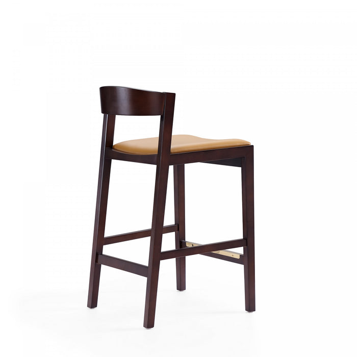 Tabouret de comptoir en bois rembourre style Klismos mi-siecle moderne couleur camel - Lot de 3