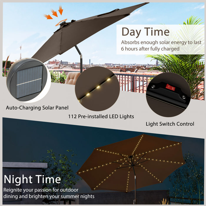 Costway Parasol de marche de patio 10 FT avec 112 LED solaire, inclinaison avec manivelle, exterieur couleur cafe