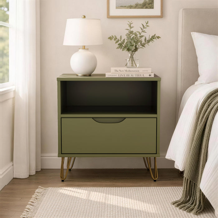 Table de nuit Rockefeller Mid-Century Modern 20\" en vert olive (1 tiroir)