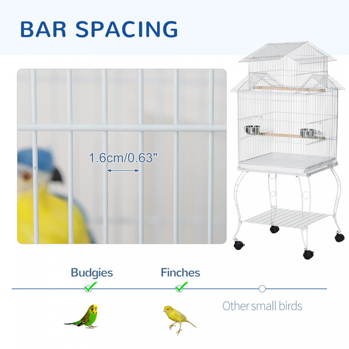 Pawhut Grande Cage A Oiseaux En Metal De 54'' Avec Support Roulant Detachable, Etagere De Rangement, Perchoir En Bois, Contenant A Nourriture, Blanc