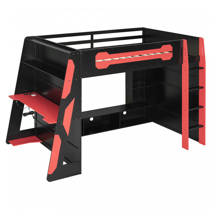 Olivia Lit mezzanine en bois avec bureau et etageres de rangement multiples, Lumiere RGB, Rouge