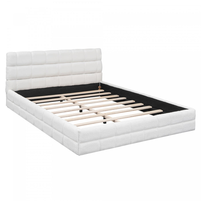 Lit plateforme moderne Emma rembourre avec structure en bois massif confortable, taille queen, blanc