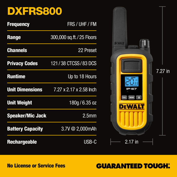 6 Talkies de chantier Dewalt DXFRS800 - 2 Watts, robuste, longue portée, radios bidirectionnelles intérieures-extérieures + 22 canaux