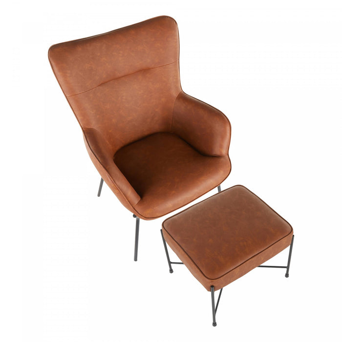 Fauteuil long d’appoint industriel Izzy 2 pièces en similicuir avec pouf - chameau