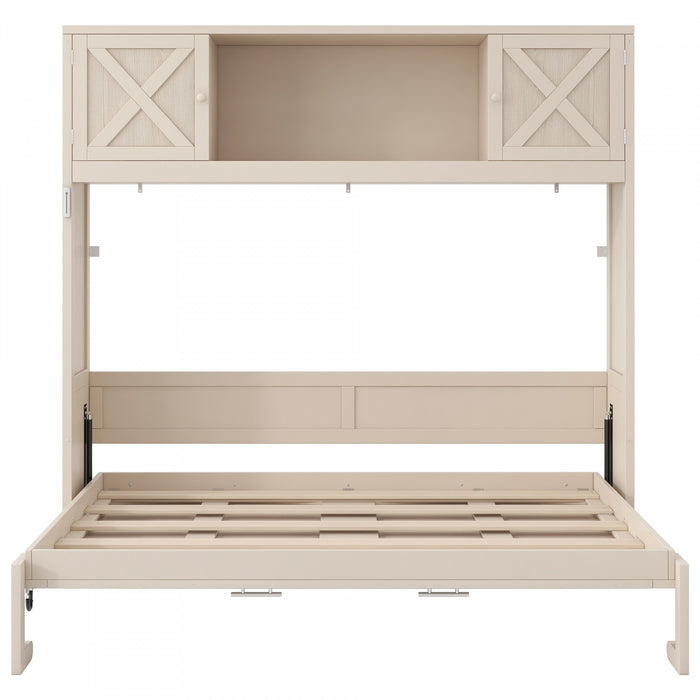 Lit escamotable Ethan en bois massif avec armoires de rangement, taille queen, beige