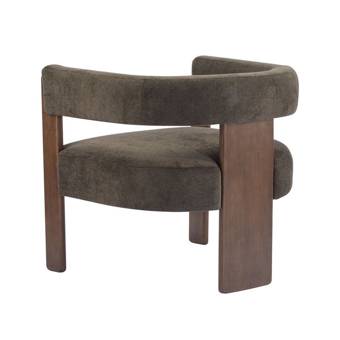 Olivia Fauteuil d’appoint rembourre en velours avec dossier cylindrique et structure en bois de caoutchouc, marron fonce
