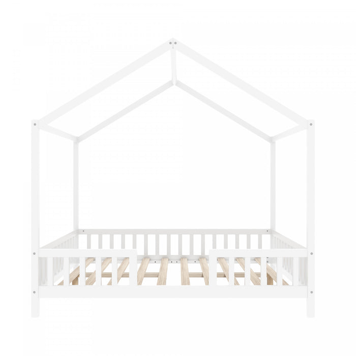 Paul Lit Montessori au sol avec baldaquin et barrieres hautes, Taille Double, Blanc