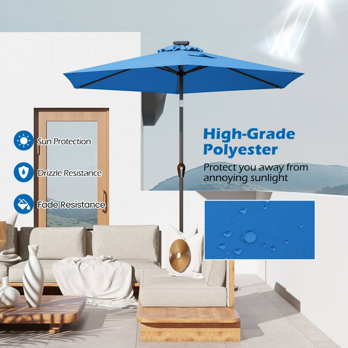 Costway Parasol solaire de patio 9FT avec LED, acier, inclinaison avec manivelle, bleu