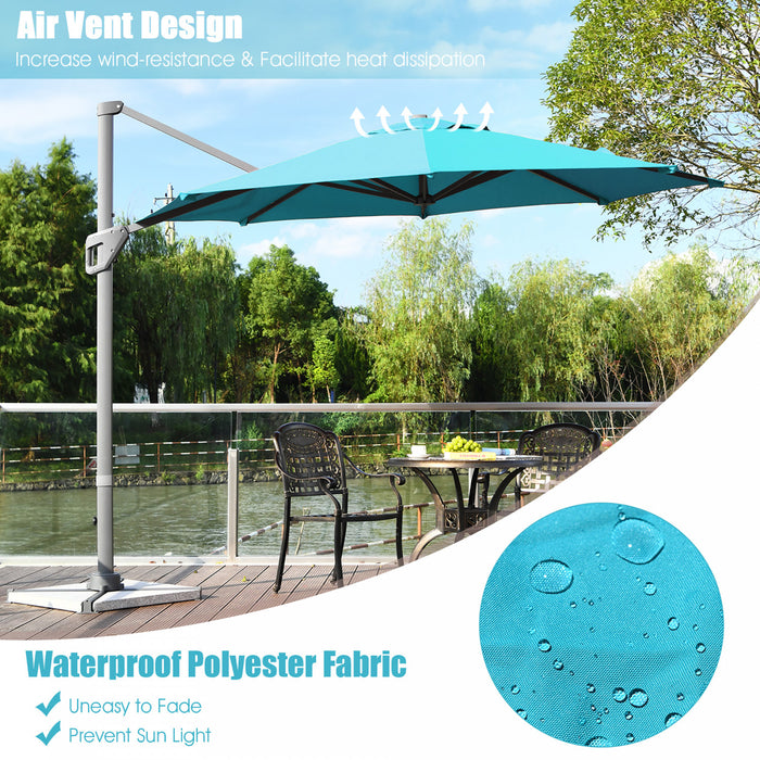 Costway Parasol deporte 11ft pour terrasse a rotation cantilever, aluminium, inclinable, base croisee, turquoise
