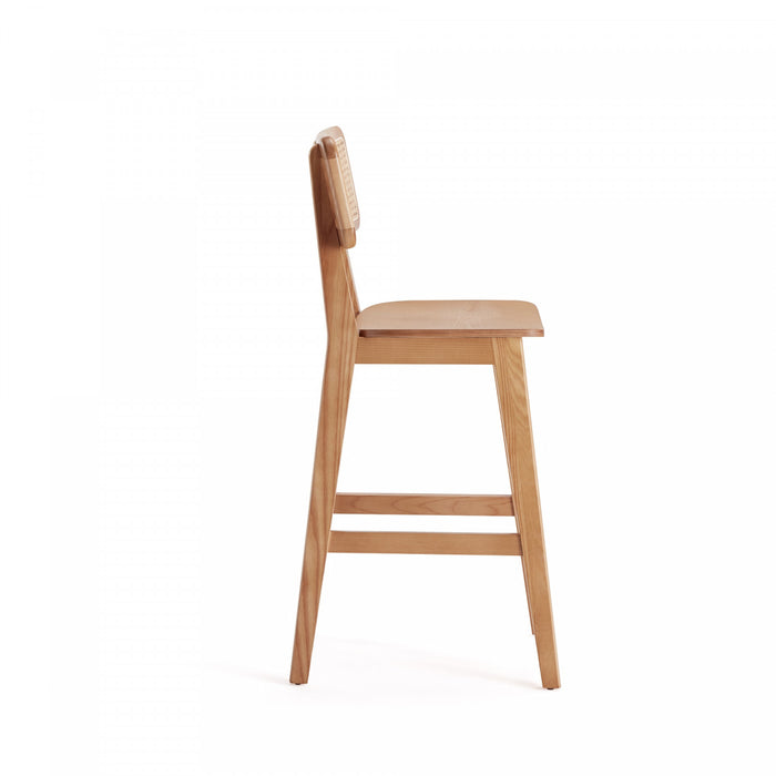 Tabouret de comptoir en bois a dossier cannage style industriel chic Versailles, naturel - Lot de 2