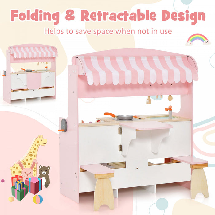 Cuisine Et Restaurant 2 En 1 Pour Enfants, Cuisine De Jeu Double Face Avec Cuisiniere, Four A Rotir, Barbecue, Auvent Reglable Et Robinet En Bois, Jeu De Role Pour Enfants De 3 A 8 Ans