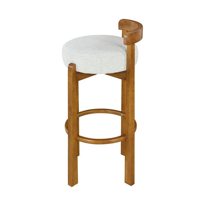 Elise – Lot de 2 tabourets de bar modernes a assise ronde en bois d’hevea avec dossier incurve de soutien et revetement en sherpa, couleur ivoire