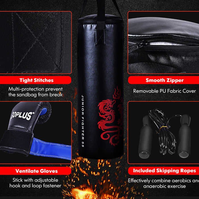 Ensemble De 5 Accessoires De Boxe Pour Enfants, Sac De Boxe Lourd, Gants, Corde A Sauter, Sac De Transport, Crochet De Plafond, Pour Enfants Pour Mma, Kickboxing, Muay Thai, Taekwondo