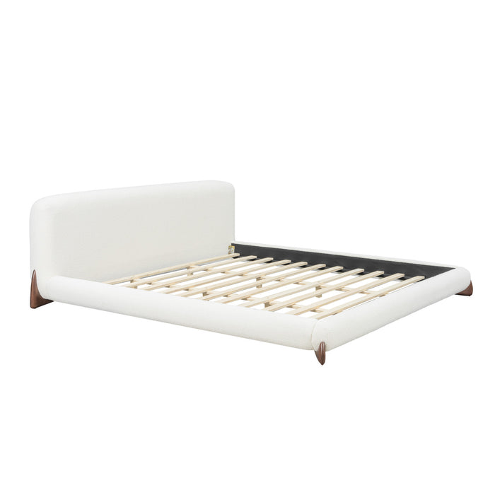 Cadre de lit plateforme Emma a profil bas avec tete de lit courbee et revetement en boucle, taille queen, blanc creme