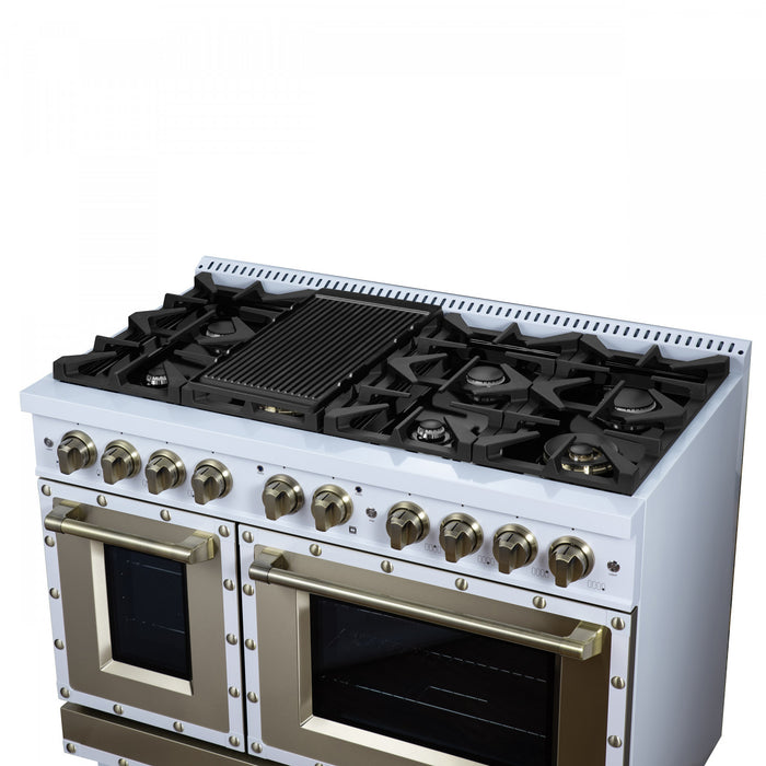 Cuisiniere a gaz Ambassador de 48 po, blanche, 8 bruleurs scelles, fours de 6,7 pi³ – FFSGS6299-48CPWHT