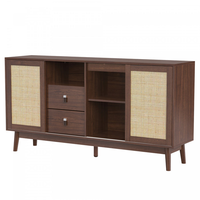 Oliver 61\" Buffet avec Portes Coulissantes en Rattan et Tiroirs, Marron Fonce