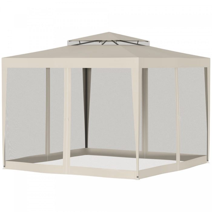 Outsunny Tente D'auvent 10' X 10', Tente Partielle Avec Filet En Maille Et Toit A Deux Niveaux Pour Jardin, Terrasse, Exterieur, Beige
