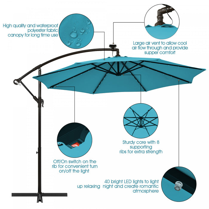 Costway Parasol deporte solaire LED de 10 pieds avec manivelle, 40 lumieres, base turquoise