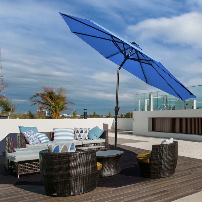 Costway Parasol Solaire de Patio 10FT LED Marche d'Exterieur en Acier Incline avec Manivelle Bleu Neuf