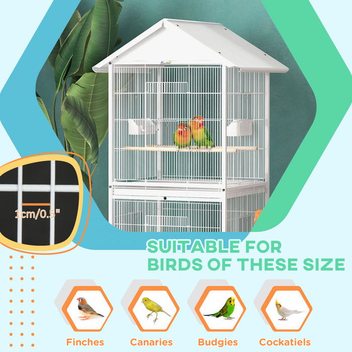 Pawhut Mangeoire Cage A Oiseaux En Metal Forge Avec Support Roulant Perchoirs Contenants Alimentaires Portes Roues 67\" H, Blanc