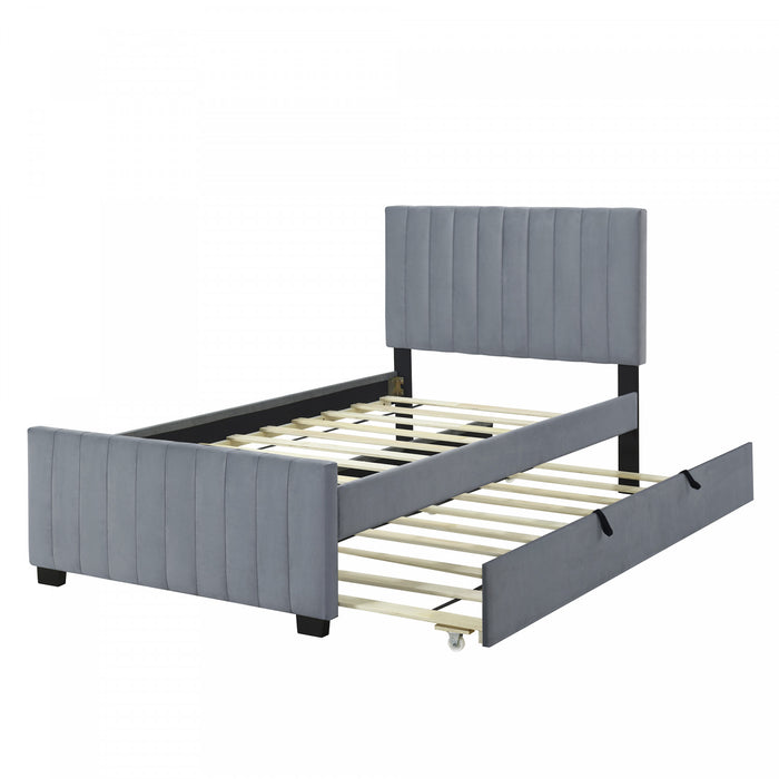 Lit plateforme Ethan rembourre en velours, gain de place, avec tiroir gigogne, taille simple, gris