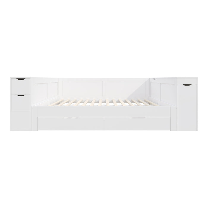 Banquette-lit Mason avec tete de lit de rangement et cadre de lit multifonctionnel avec rangement, taille full, blanc