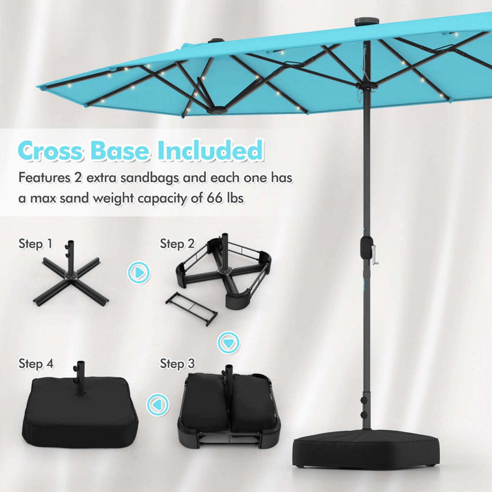 Parasol double face Costway 13 pieds avec lumiere solaire, manivelle et base de parasol turquoise