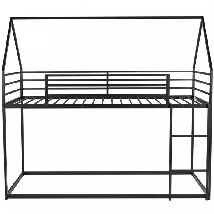 Lits superposes Liam en forme de maison avec echelle integree et cadre en metal, taille Twin sur Twin, noir