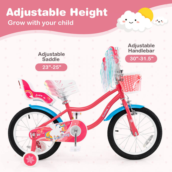Costway 16\" Velo Pour Enfants Avec Siege De Poupee Panier Et Streamers Colores 2 Roues D'entrainement Rose