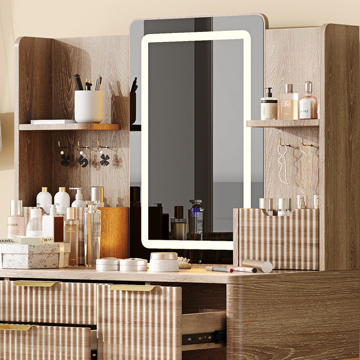 Isabella Ensemble de coiffeuse 4 tiroirs avec miroir LED et pieds en metal, Brun Jaune