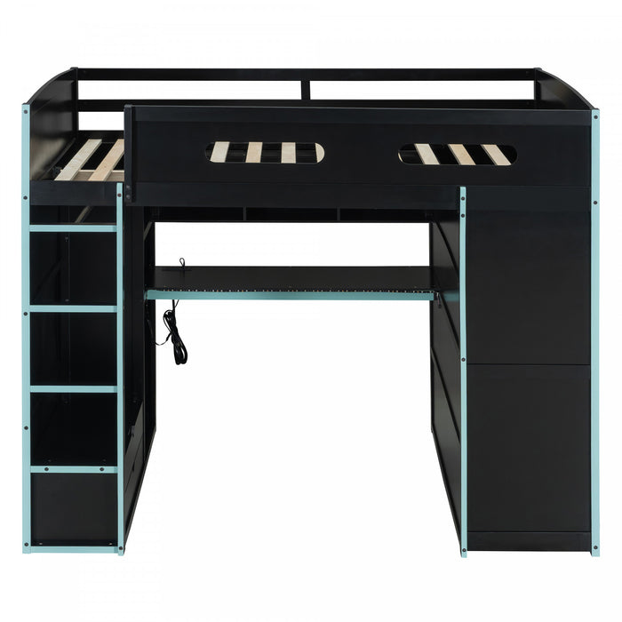 Jerry Lit mezzanine en bois avec bureau et rangement, Taille Double, Bleu