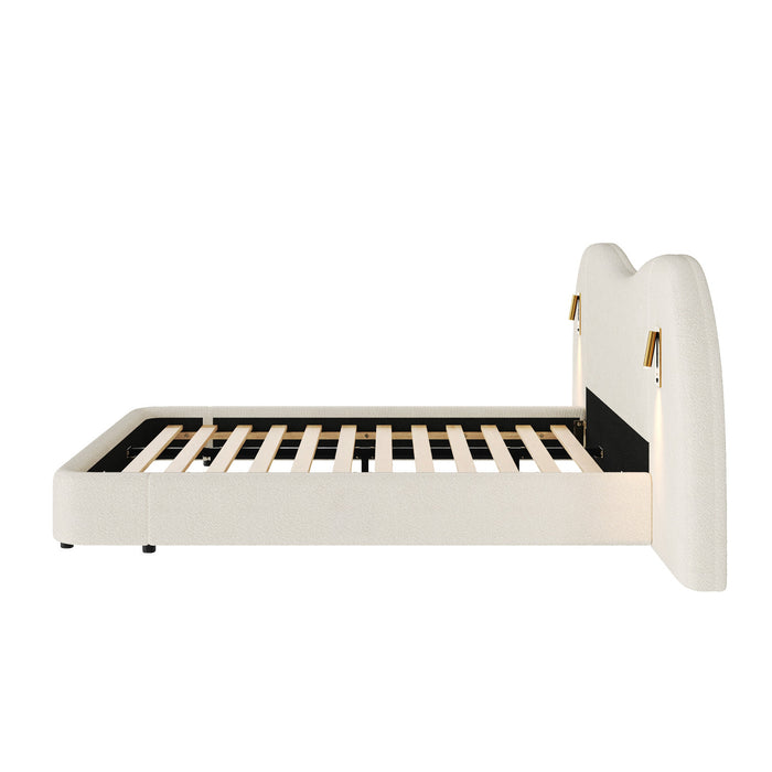 Lit Garcia en boucle avec tete de lit en forme de nuage, lumieres de lecture integrees et ports USB, taille king, blanc