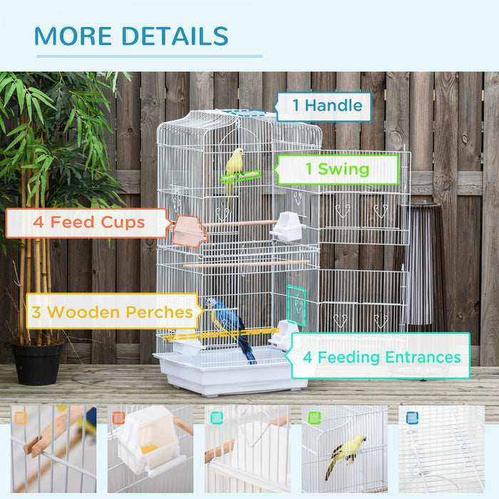 Pawhut 36\" Cage A Oiseaux Ara Maison De Jeu Cacatoes Perroquet Cage De Vol 2 Portes Perchoir 4 Mangeoire Fournitures Pour Animaux Blanc
