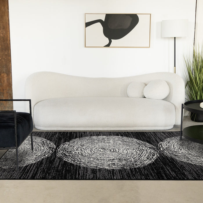 Tapis Florence noir, gris et blanc a motif d'anneaux d'arbre, 6'7\" x 9'6\"