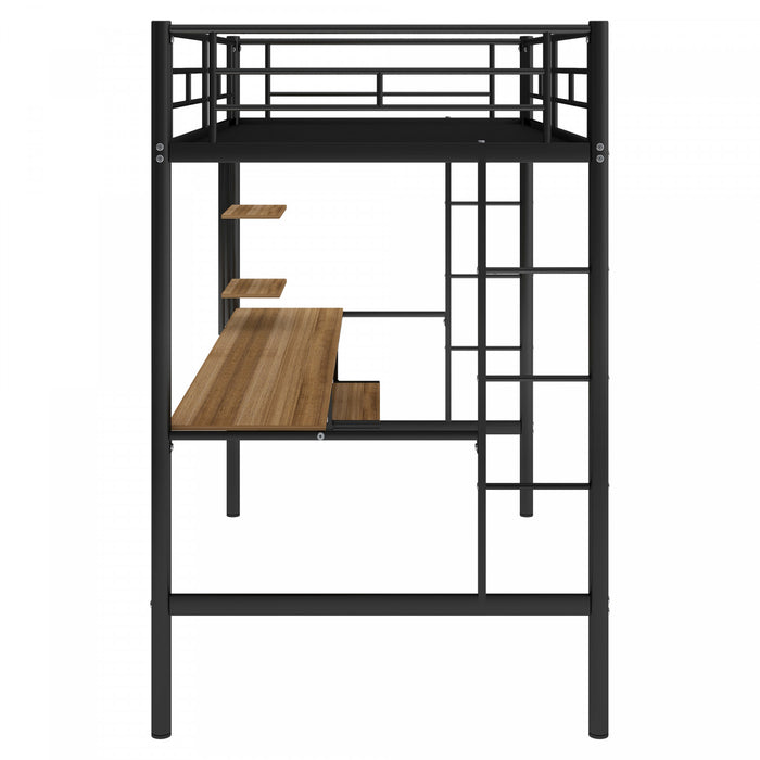 Andy – Lit Mezzanine Simple En Metal Avec Bureau Et Eclairage Led, Design Gain De Place – Noir