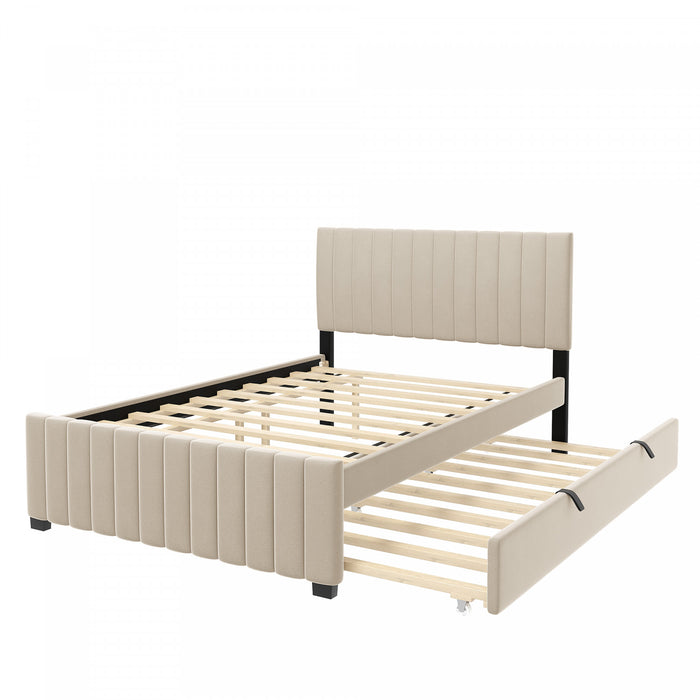 Lit plateforme Ethan rembourre en velours, gain de place, avec tiroir gigogne, taille full, beige