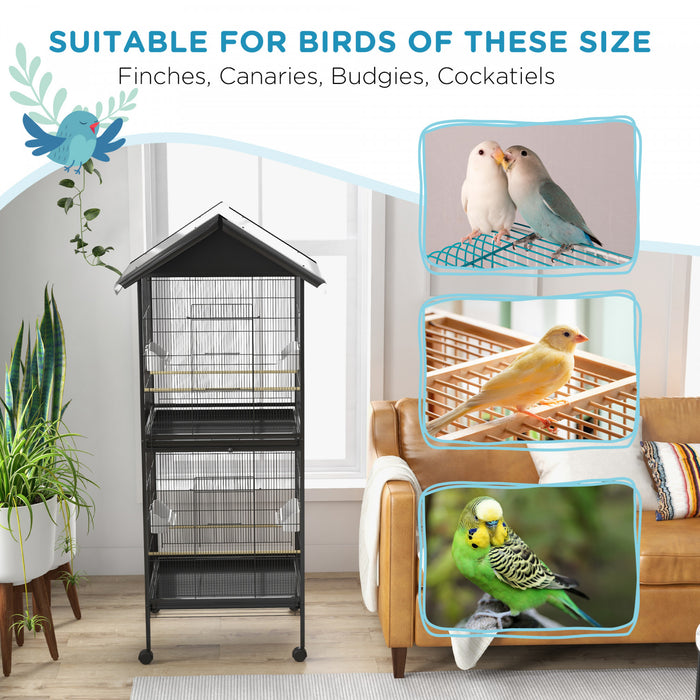 Pawhut Cage A Oiseaux En Metal Forge Avec Support Roulant, Conteneurs Alimentaires Portes Roues 67\" H, Noir