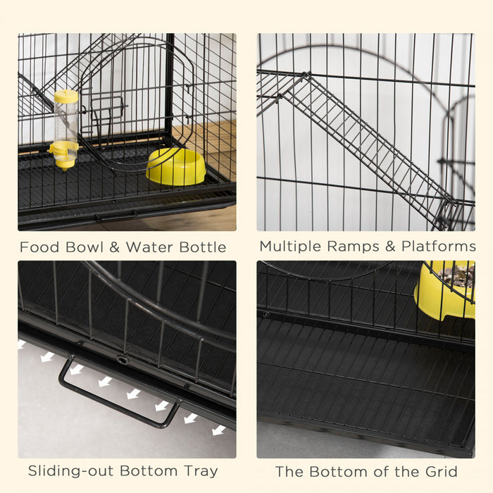 Pawhut Cage Pour Petits Animaux 37\" Lapin Furet Chinchilla Avec 2 Portes Plateforme Rampe Metal Noir