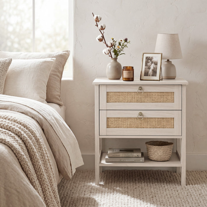 HOMCOM Lot de 2 Tables de Nuit en Rotin avec 2 Tiroirs, Chene Blanc