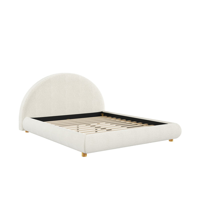 Lit plateforme Harold avec tete de lit incurvee ronde en tapisserie bouclee et cadre bas, taille Queen, blanc
