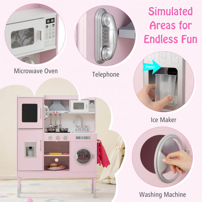 Jeu De Cuisine Pour Enfants, Jouet De Cuisine Avec Hotte, Machine A Glacons Et Telephone, 16 Accessoires, Sons Et Lumieres, Cuisine En Bois, Cadeau Pour 3 Ans Et Plus, Rose