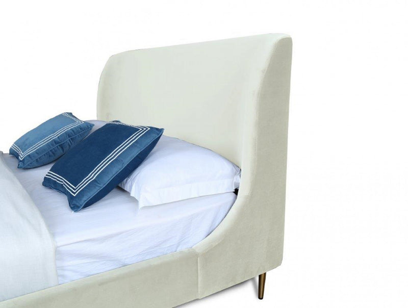Lit Queen Heather style milieu du siecle moderne, rembourre en velours creme et or