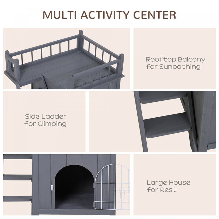 Pawhut Abri Pour Chats En Bois, Exterieur, Etanche Et Sureleve, A Deux Niveaux, Avec Balcon, Gris