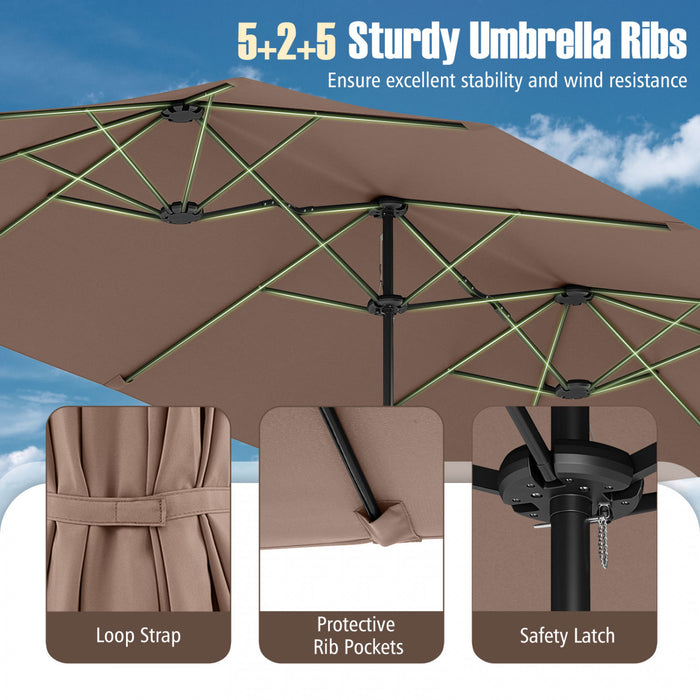 Costway Parasol de patio extra-large de 15,5 pieds avec lumieres solaires LED et 12 baleines robustes marron