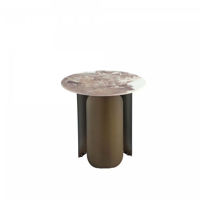 Table d’appoint moderne Monica en bronze avec plateau en pierre frittee