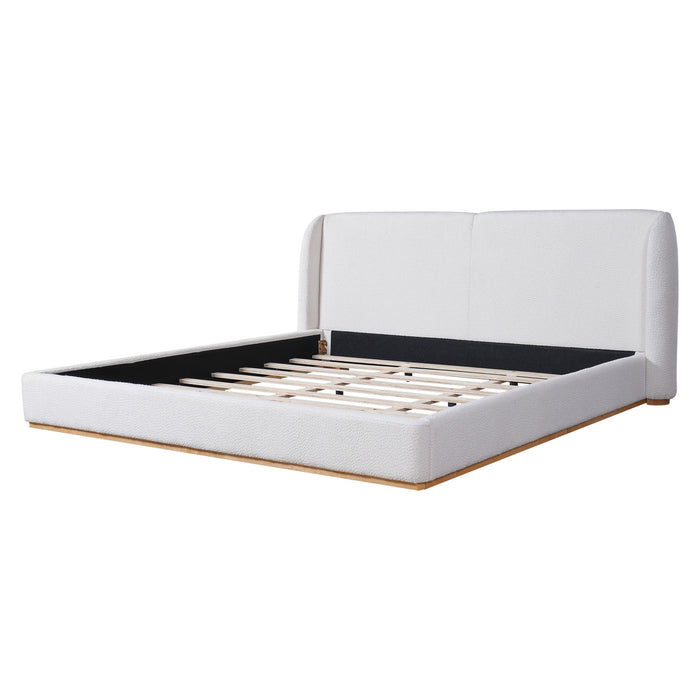 Lit plateforme Lucas a profil bas en boucle avec tete de lit a oreilles rembourree, taille king, blanc